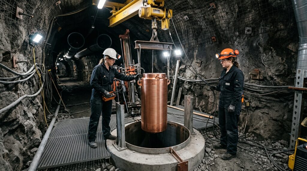 Copper capsules are lowered into holes and sealed with clay