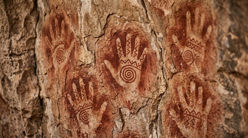 Ancient handprints decorated with spirals and zigzags