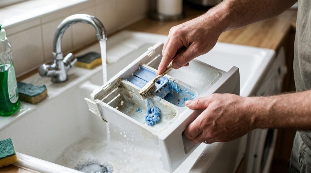 Hard-to-reach places in the tray are most conveniently cleaned of buildup with an old toothbrush