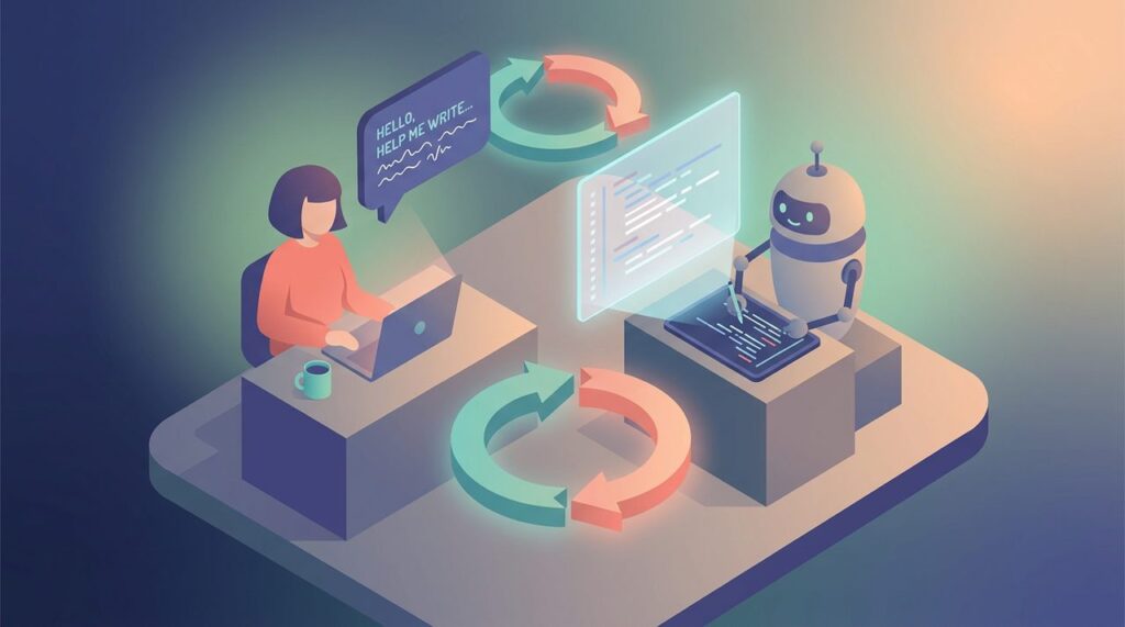 A person describes a task to AI, which generates code in response