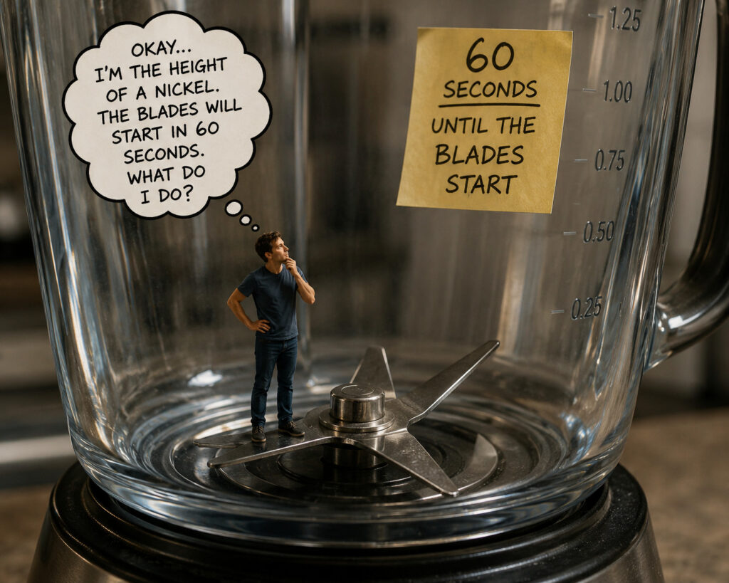 You've been shrunk to the size of a nickel and thrown into an empty blender. The blades turn on in 60 seconds. What do you do? Photo.