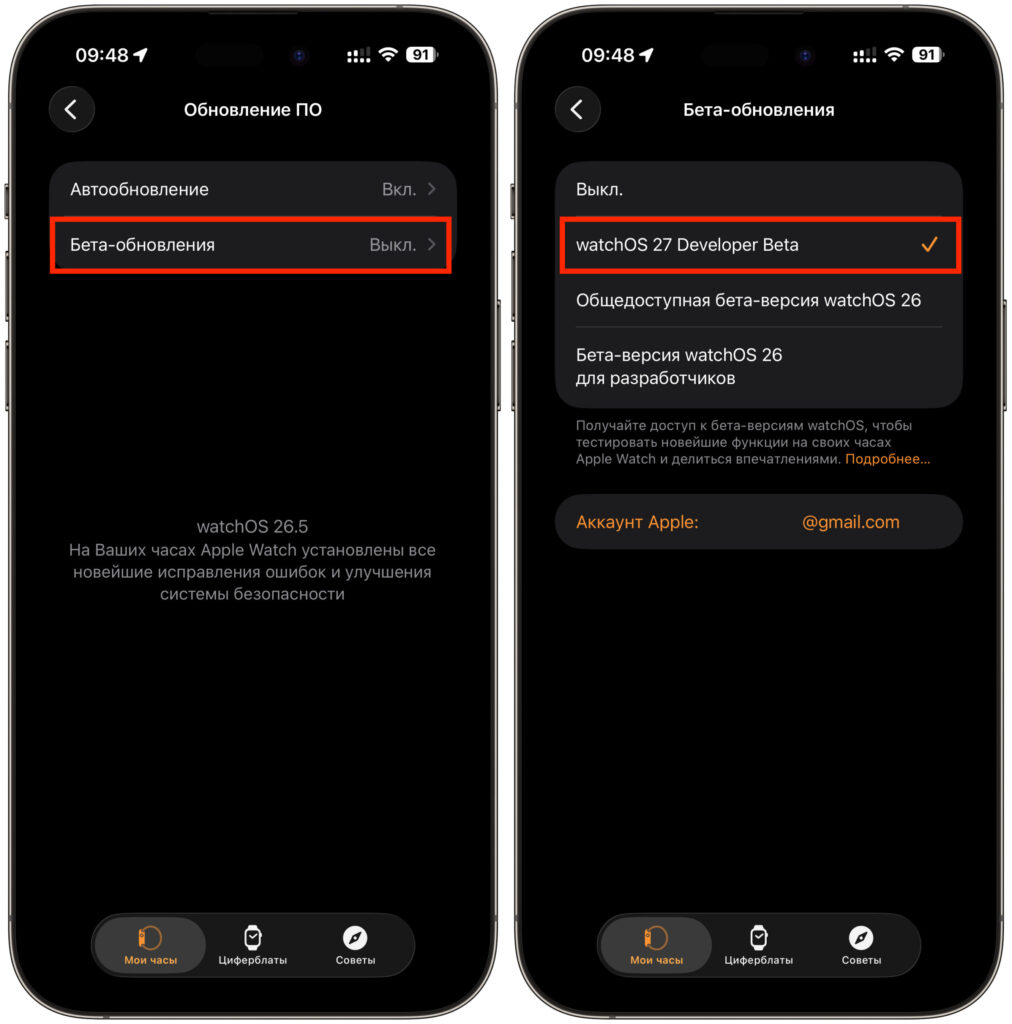Installing watchOS 27 on Apple Watch. Activate the developer beta. Photo.