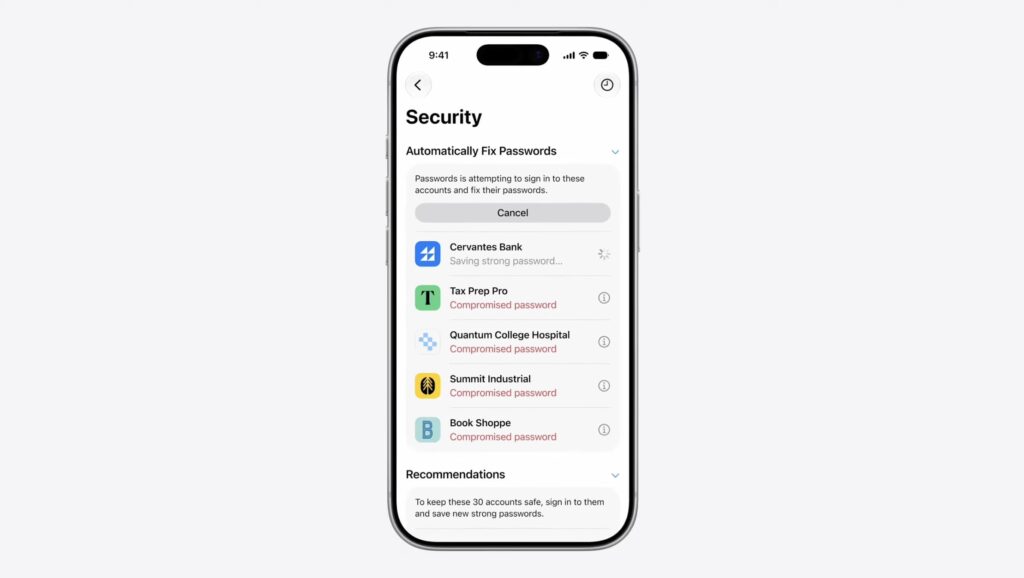 Which Apple apps received AI features. Passwords can now change your leaked passwords automatically. Photo.