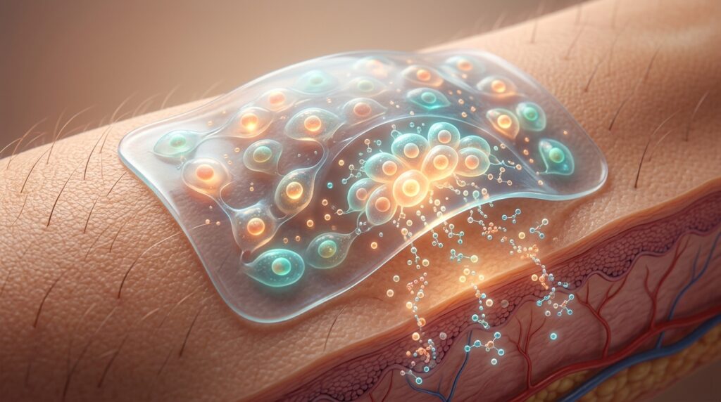 Cells inside the bandage release signaling proteins directly into the wound