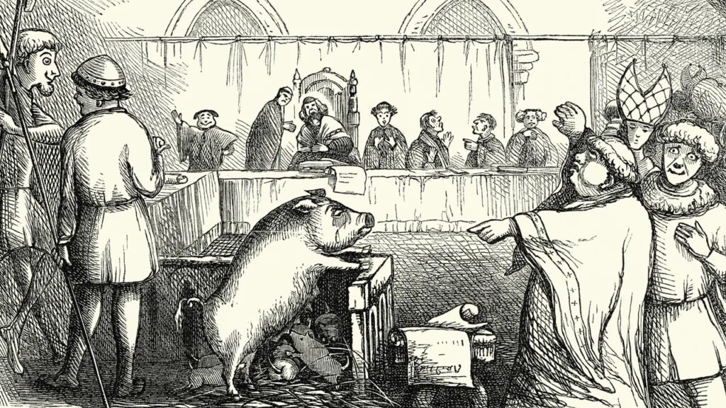 An illustration depicting the trial of a sow and piglets for the murder of a child. The trial allegedly took place in 1457. The sow was found guilty, while the piglets were acquitted.