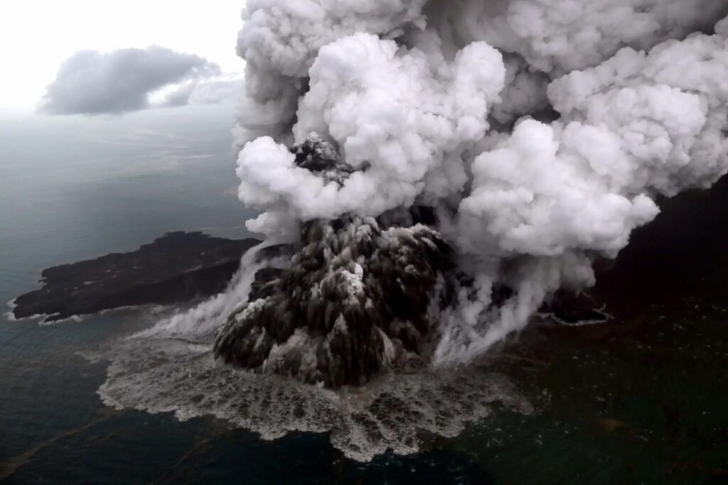 Aerial view of the Anak Krakatau volcano during an eruption in the Sunda Strait in South Lampung, Indonesia, December 23, 2018. The tsunami is believed to have been caused by the eruption of Anak Krakatau and an underwater landslide.