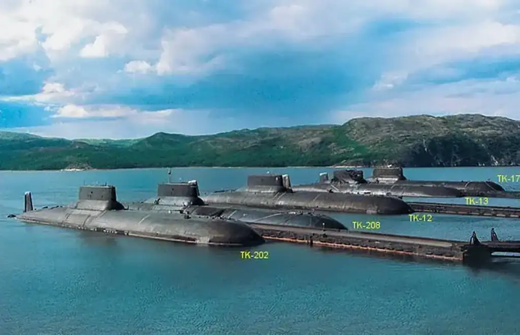 5 Project 941 "Akula" submarines in Zapadnaya Litsa, Litsa Fjord, Kola Peninsula.