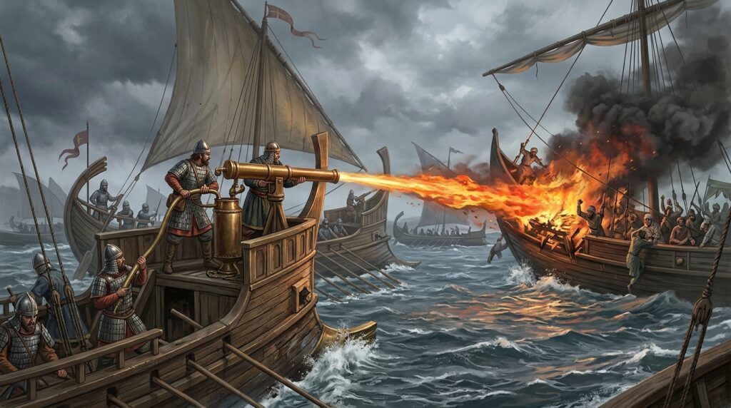 Byzantines sprayed Greek fire in streams from tubes onto enemy ships