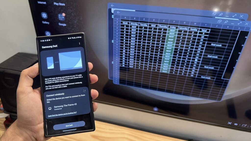 Samsung DeX — how a smartphone becomes a computer. When connected to a TV, Samsung smartphones become virtually computers. Photo.