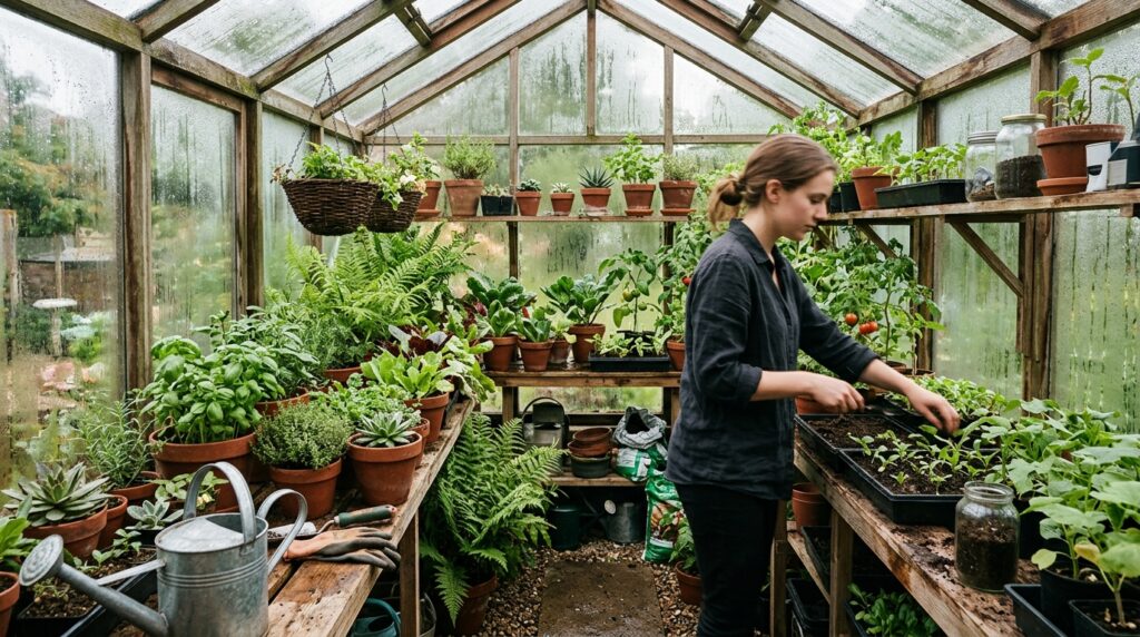 You can leave a few hand tools made of stainless steel or plastic in the greenhouse. But don't store other tools there: humidity will cause metal to rust, and unstable conditions can lead to wood cracking.