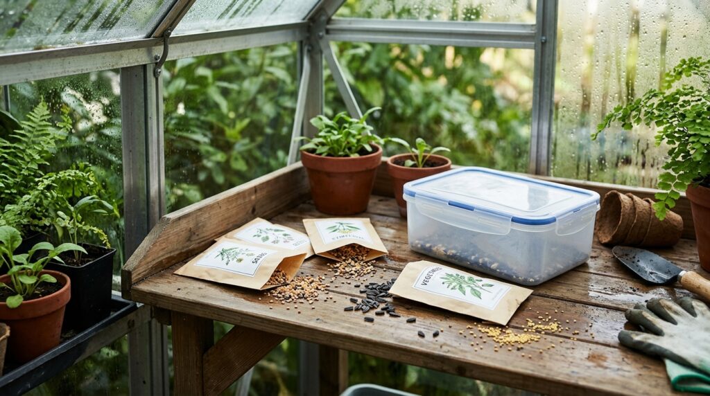 An airtight container protects seeds from moisture and rodents