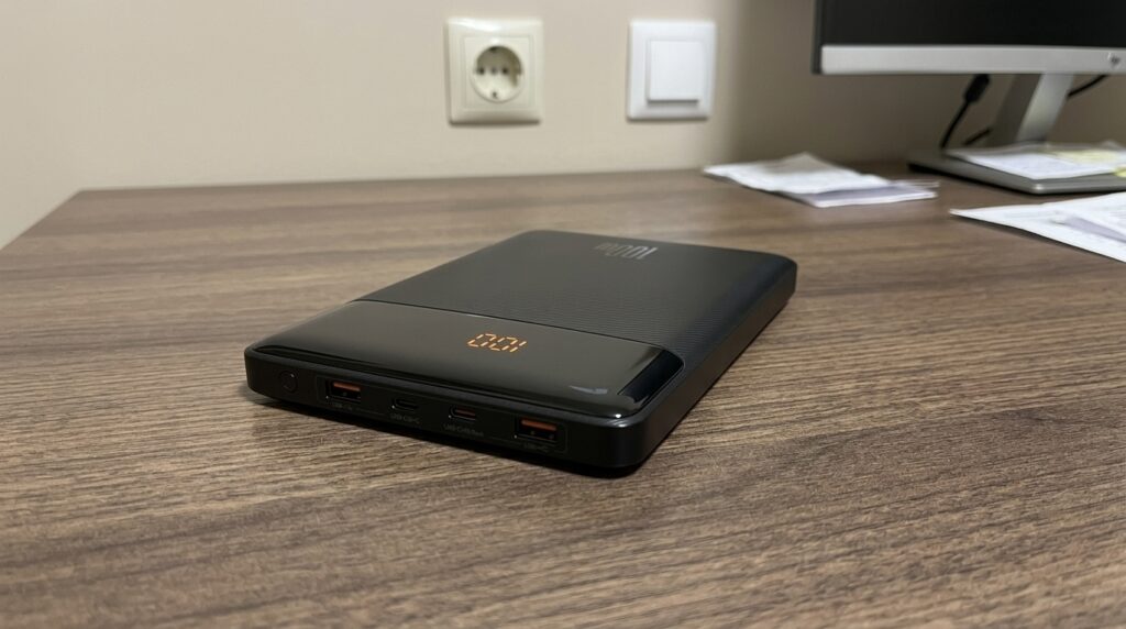 Baseus 100W: A power bank for MacBook. Took it on a three-day trip — the MacBook Air ran without an outlet at all. Photo.