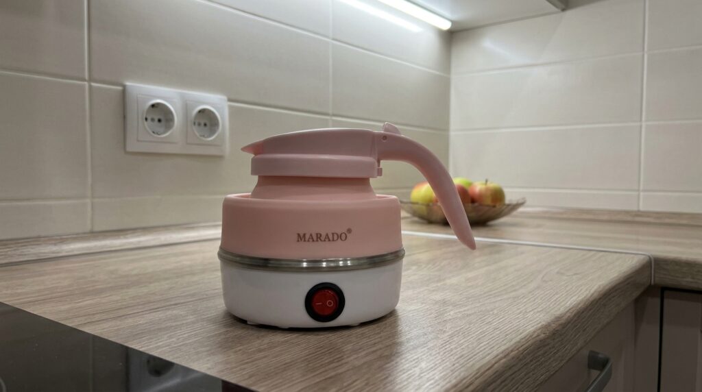 Foldable Mini Kettle for Travel and Office. When folded, it fits in the side pocket of a backpack — tested. Photo.