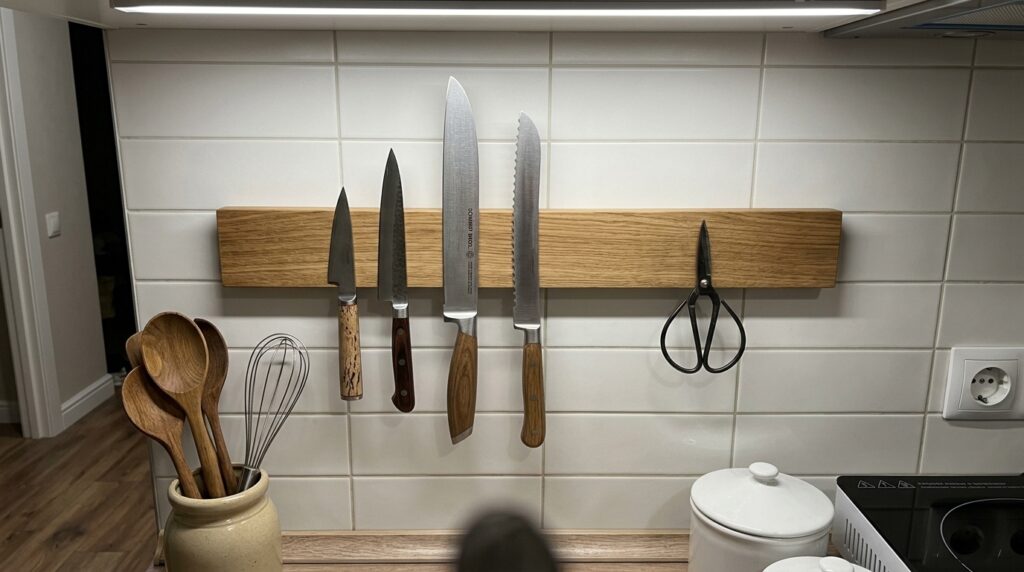 Been hanging above the countertop since January — holds the chef's knife rock solid. Photo.