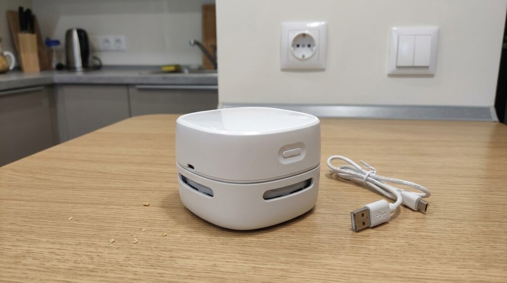 Desktop mini vacuum — I used it to clean crumbs from my Mac's keyboard. Sits next to my monitor — I grab it after every lunch at the computer. Photo.