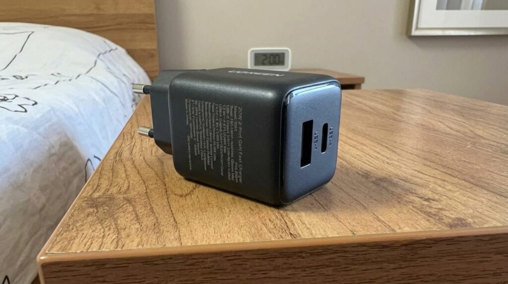 20W, GaN, the size of a finger — I charge my iPhone every morning. Photo.