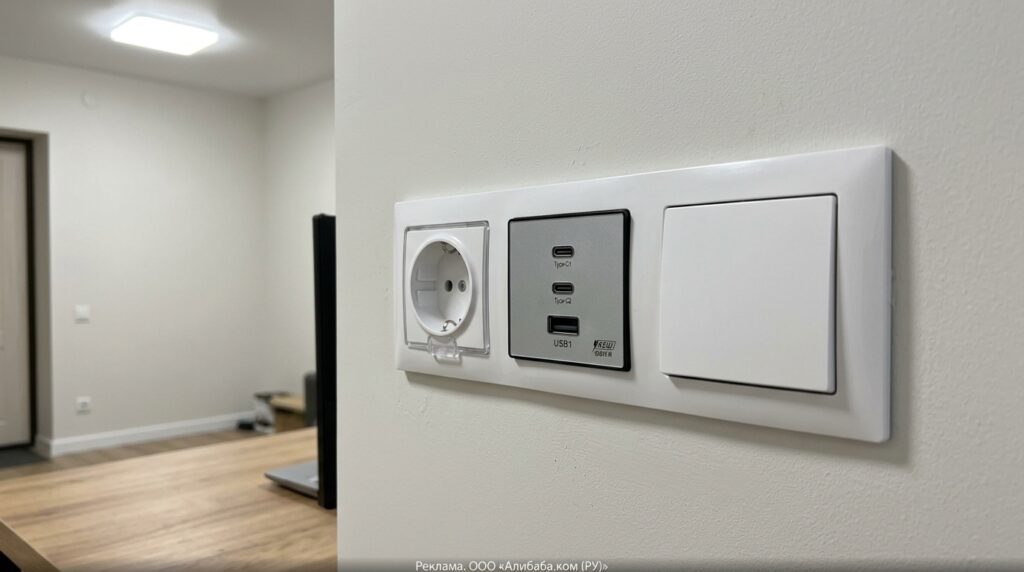 Built-in wall outlet with USB-C for charging iPhone directly from the wall. 65W straight from the wall — no more adapters cluttering your desk. Photo.