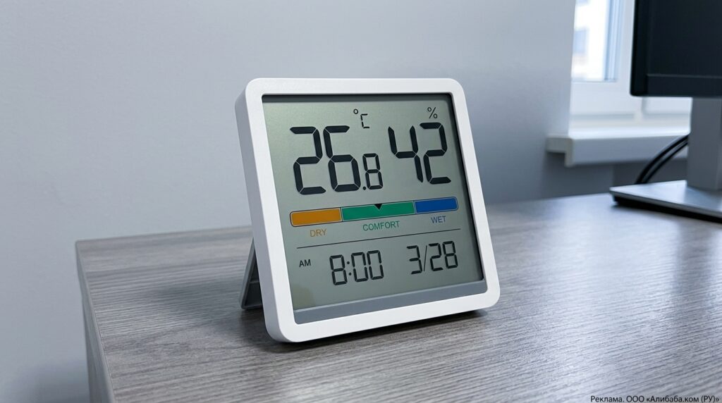 Youpin Thermometer-Hygrometer with Large Display. Has been sitting on my nightstand since March — the battery that came with it is still alive. Photo.