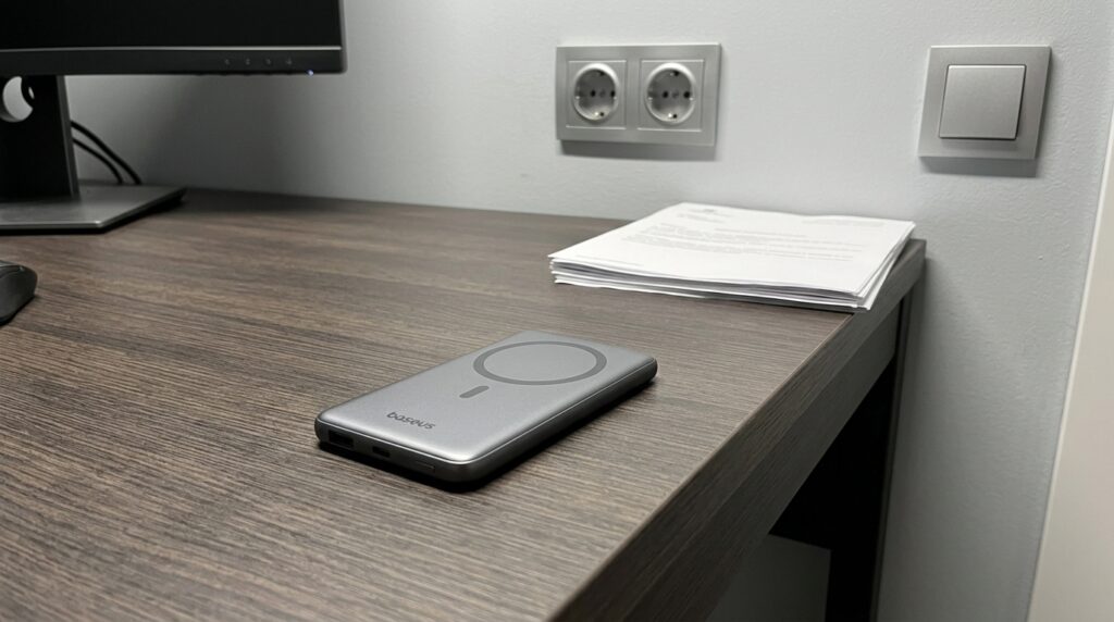 Baseus PicoGo: A magnetic power bank you forget on your iPhone. I've been carrying it on my iPhone since March — it's as thin as a couple of credit cards, and the charge lasts for a full cycle. Photo.