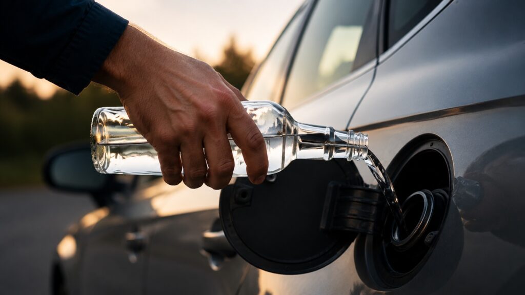 Alcohol is added to gasoline only at refineries, and DIY experiments can cause problems. Photo.