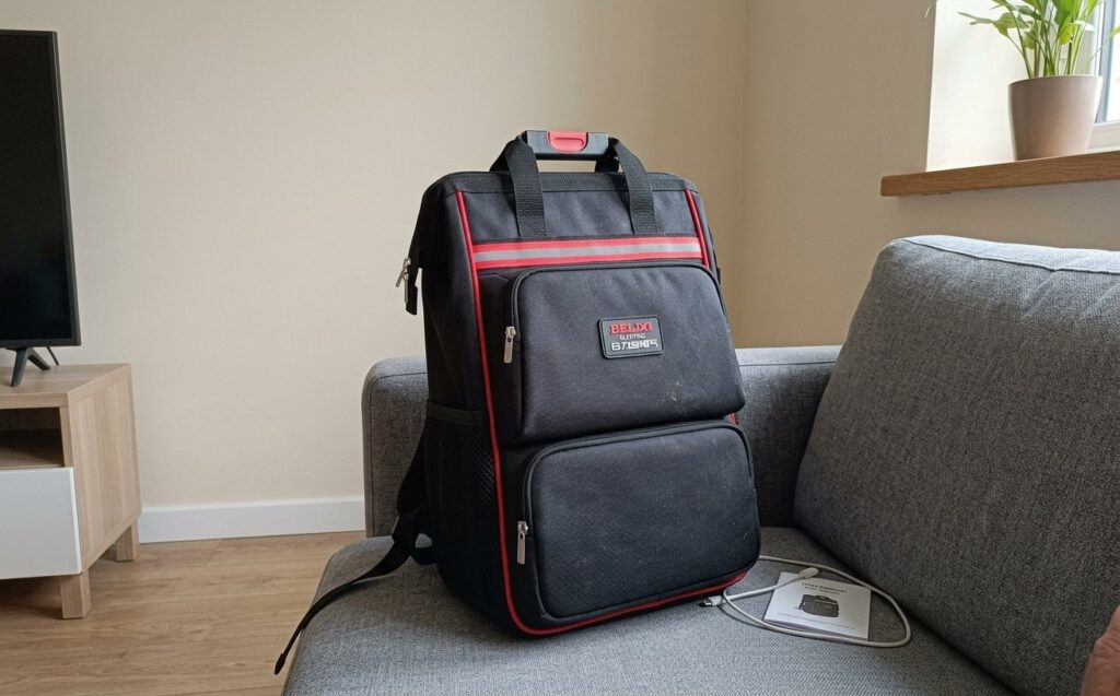 Tool backpack instead of a toolbox. With a backpack like this, doing repairs is easier than with a toolbox. Photo.