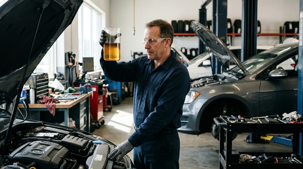 Contaminated fuel can be detected by examining a sample at a service center