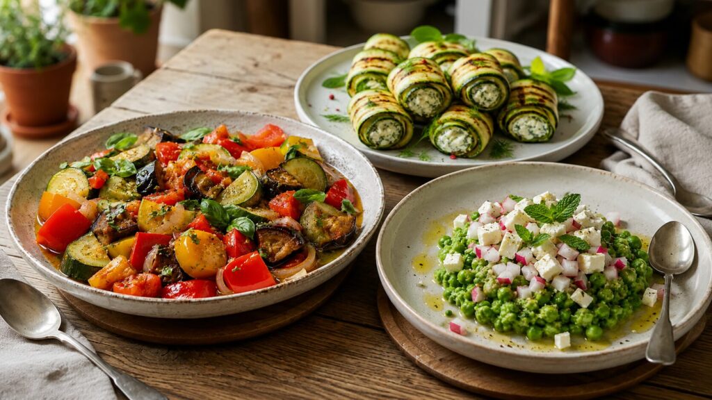 'Colorful Garden Bed' ratatouille, zucchini rolls with cheese, and pea tartare. Photo.