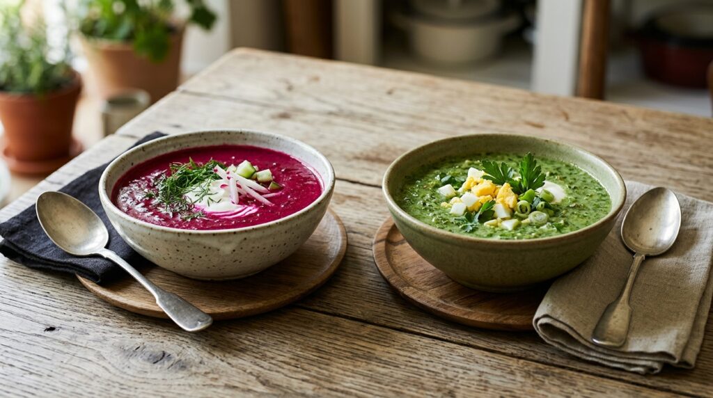 Beet soup and sorrel soup for a hot day. Photo.