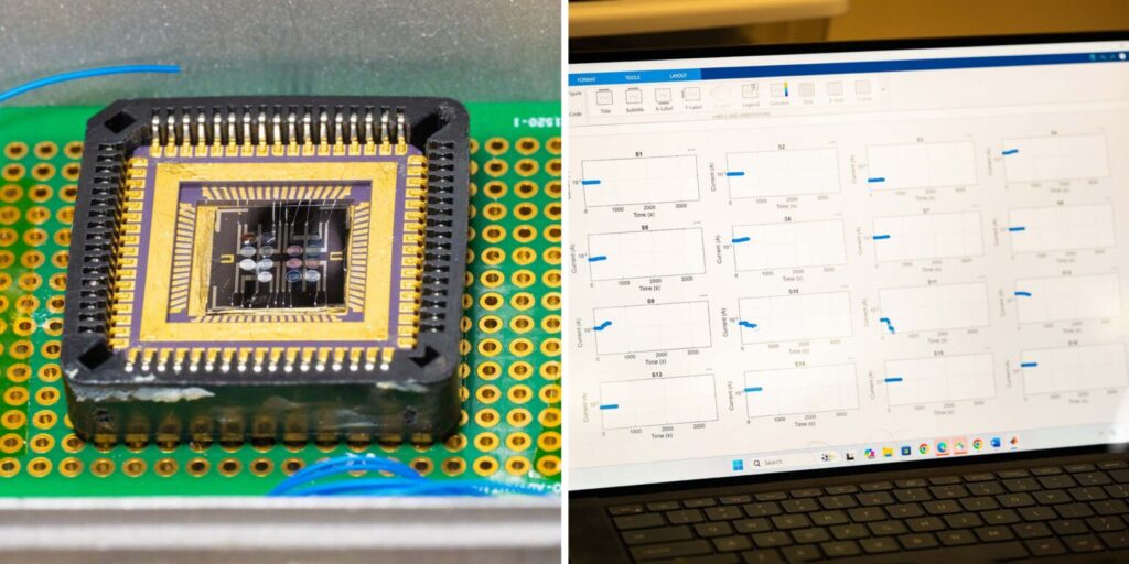 The electronic nose contains 16 different gas sensors (small circles in the center left). It records the reactions of the unique material in each sensor and uses a machine learning model to determine which set of reactions corresponds to a specific product or smell (right). Photo.