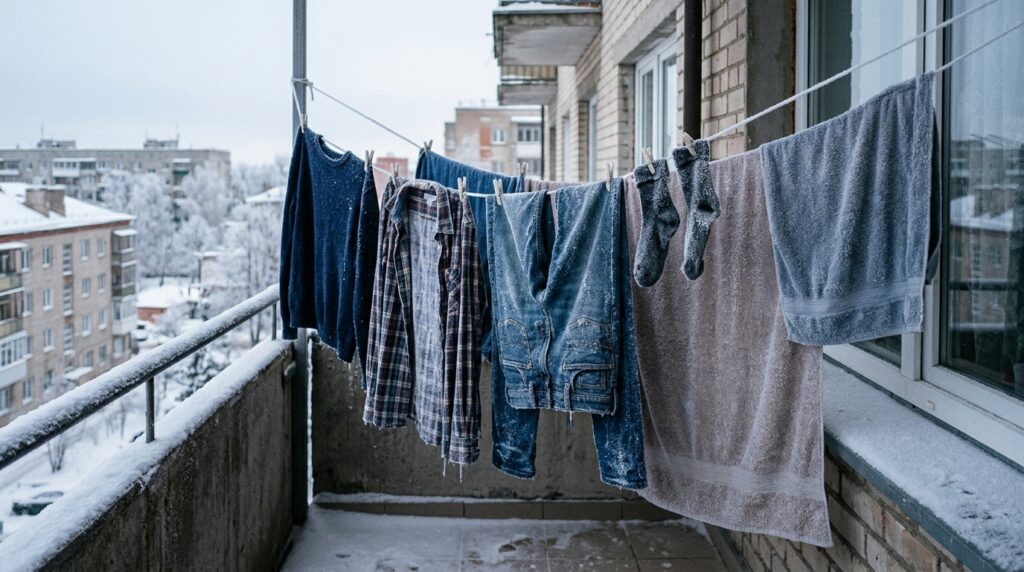 In winter, laundry on a balcony dries through ice sublimation
