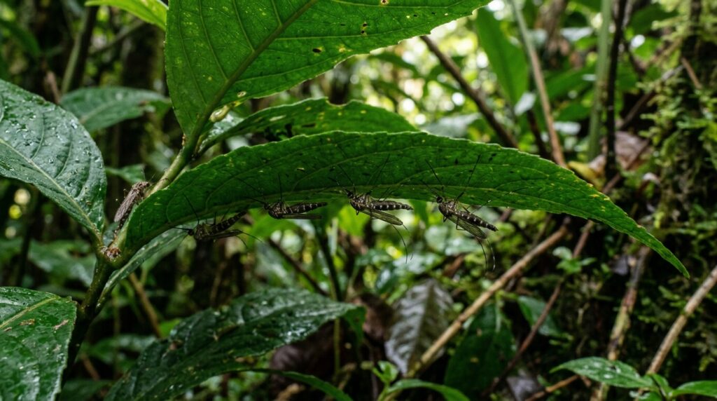 During the day, many mosquitoes hide under leaves. Photo.