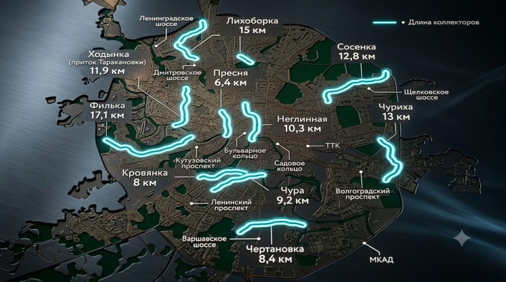Map of the largest rivers under Moscow. Photo.