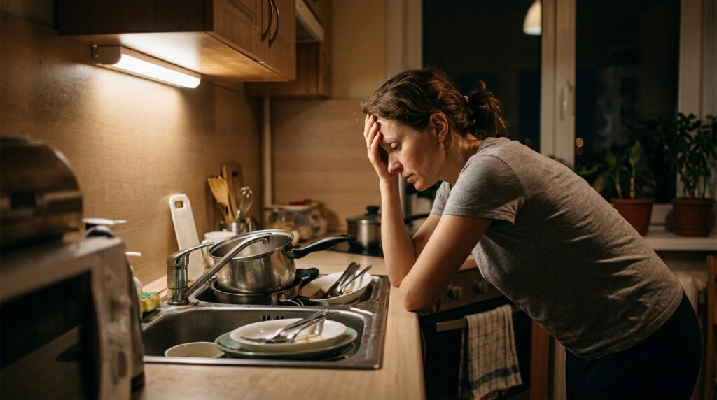 Sometimes you can wash the dishes in the morning, but you still need to do a few things first. Photo.