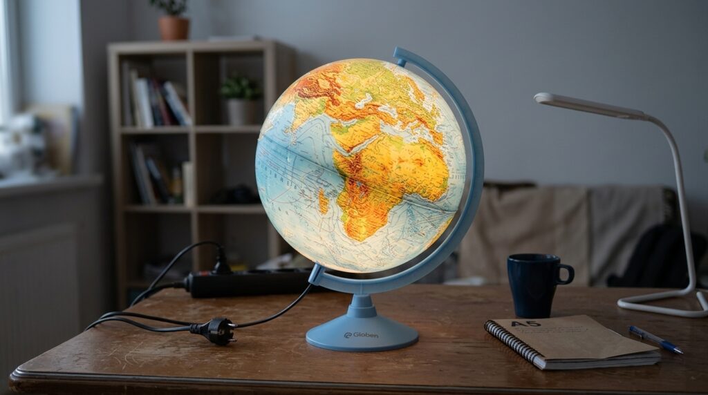 Earth at 1:40,000,000 scale, batteries not included.