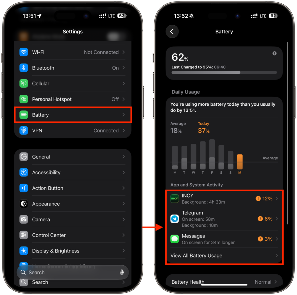 How to Determine What's Draining iPhone Battery. In the Battery section you can see which app is consuming charge. Photo.