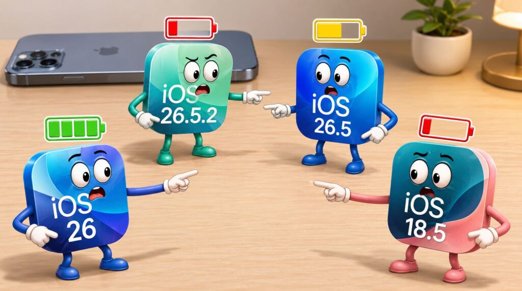 iOS 26.5.2 — battery life comparison with iOS 26.5 and iOS 18.5. Comparing multiple versions helps understand what happened with battery life throughout the year. Photo.