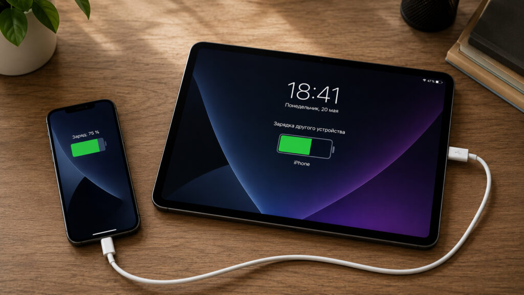 Charging an iPhone from an iPad. You can charge an iPhone from an iPad. Photo.