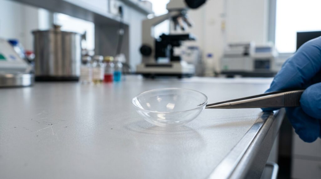 A transparent contact lens produced by a 3D printer.