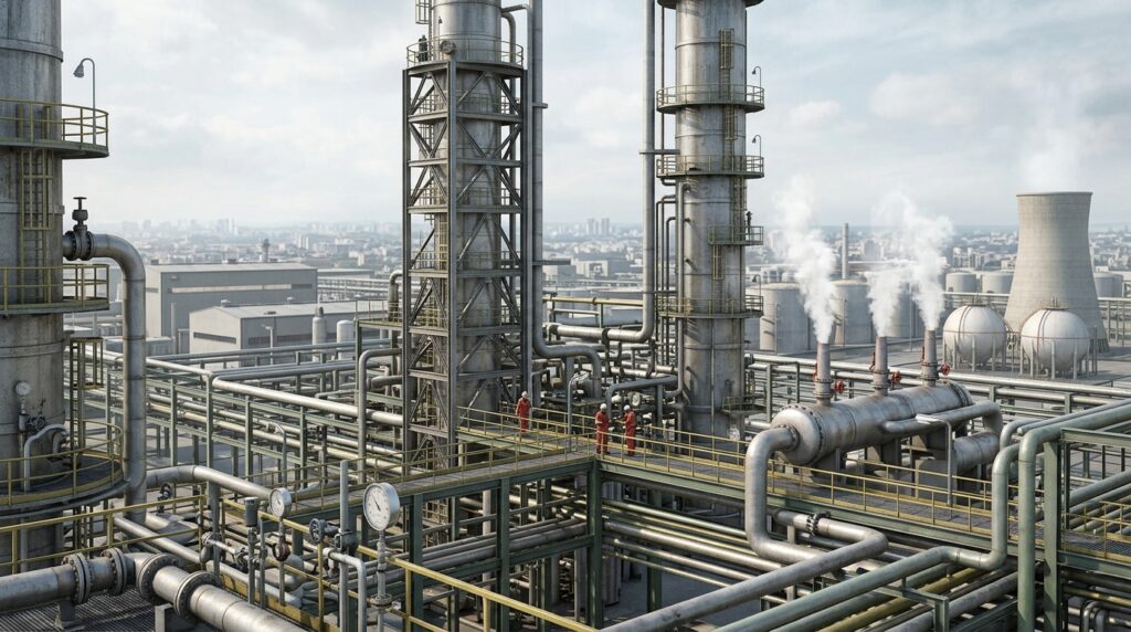A rectification column separates oil into fractions by boiling point