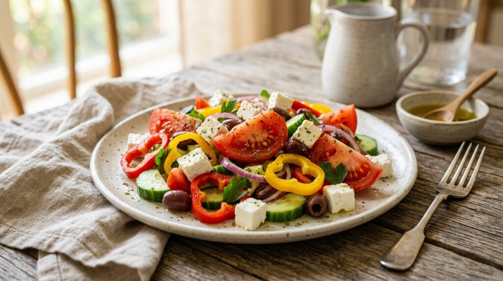 These cheeses are usually not cut with a knife — they are crumbled or broken apart by hand. This way the salad gets a creamy texture without mayonnaise or fatty sauces.