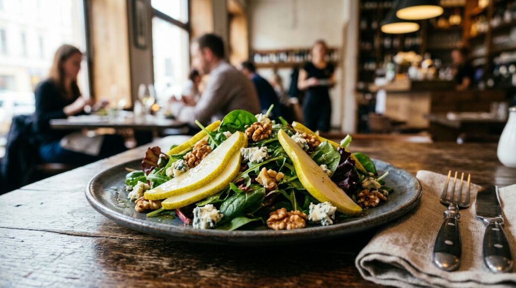 Blue cheese complements a salad with pear and nuts