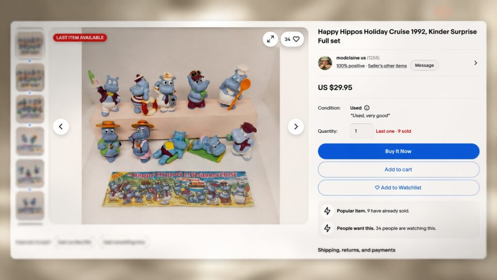 Kinder hippos for sale on eBay. Photo.