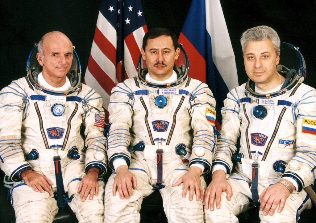 The very first real space tourist Dennis Tito (left), who paid $20 million for his flight that launched on April 28, 2001 and lasted 7 days 22 hours 4 minutes.