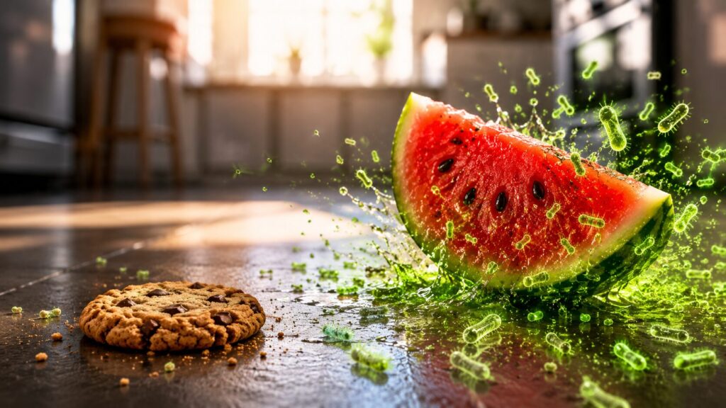 The five-second rule doesn't work: what happens to food on the floor. Photo.