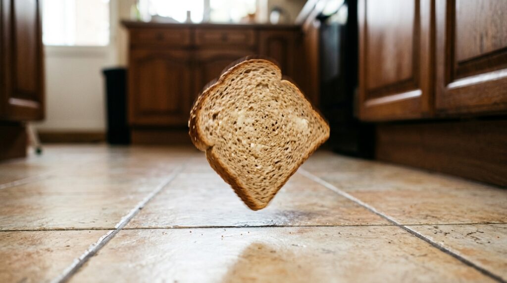 Some people believe that if you pick up food that fell on the floor within 5 seconds, no germs from the floor will get on it. Photo.