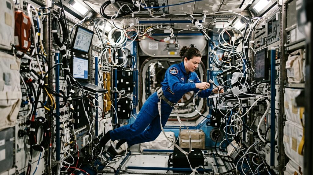 Numerous life support mechanisms are constantly running inside the orbital station
