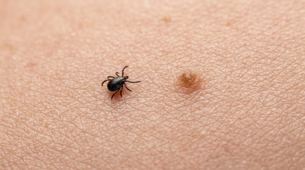 macro photography comparing a 1 millimeter tick nymph to a tiny freckle on human skin