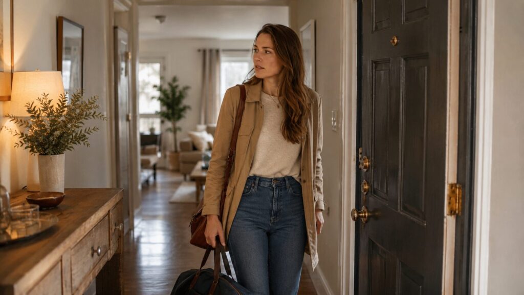A person with a travel bag opens the door to their apartment and stops at the threshold, as if smelling their home for the first time. Photo.