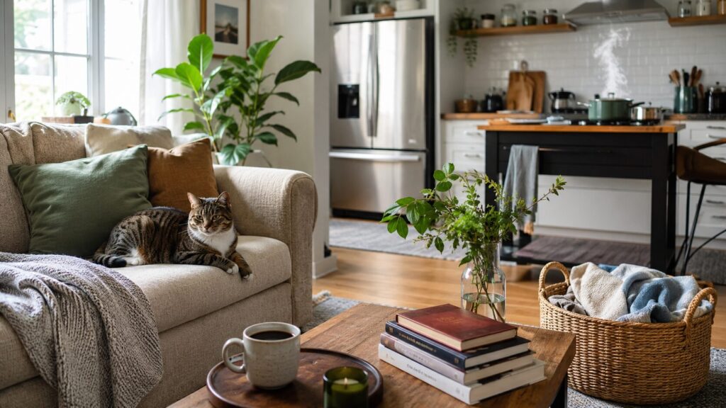 Sources of home smell can vary: a sofa, books, a cup of coffee, a kitchen, a houseplant, and a cat in one realistic interior. Photo.