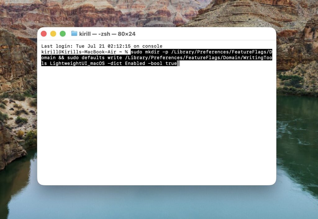 How to Enable the Hidden Siri AI Menu via Terminal. Paste the command and confirm the input. Photo.